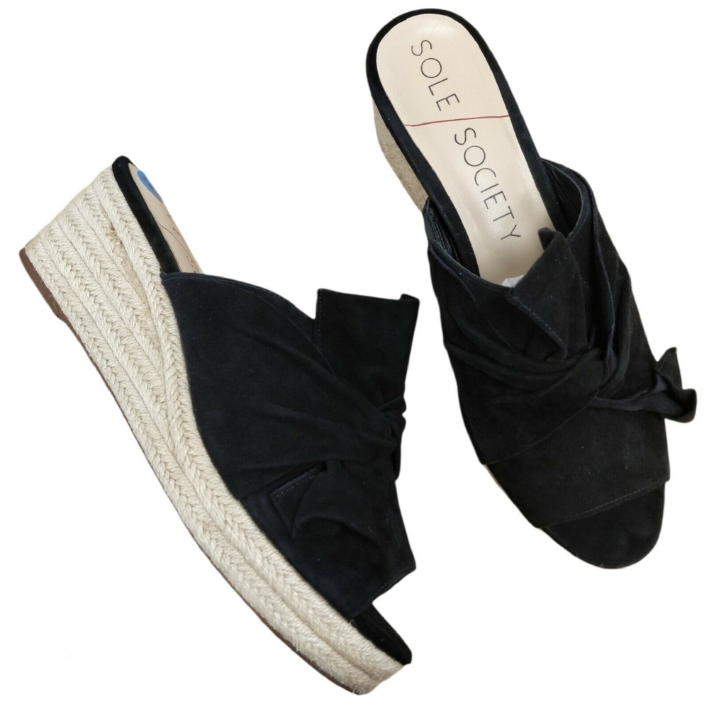 SOLE SOCIETY Carima Wedges Sandals Knotted Bow Espadrilles Black Leather 11